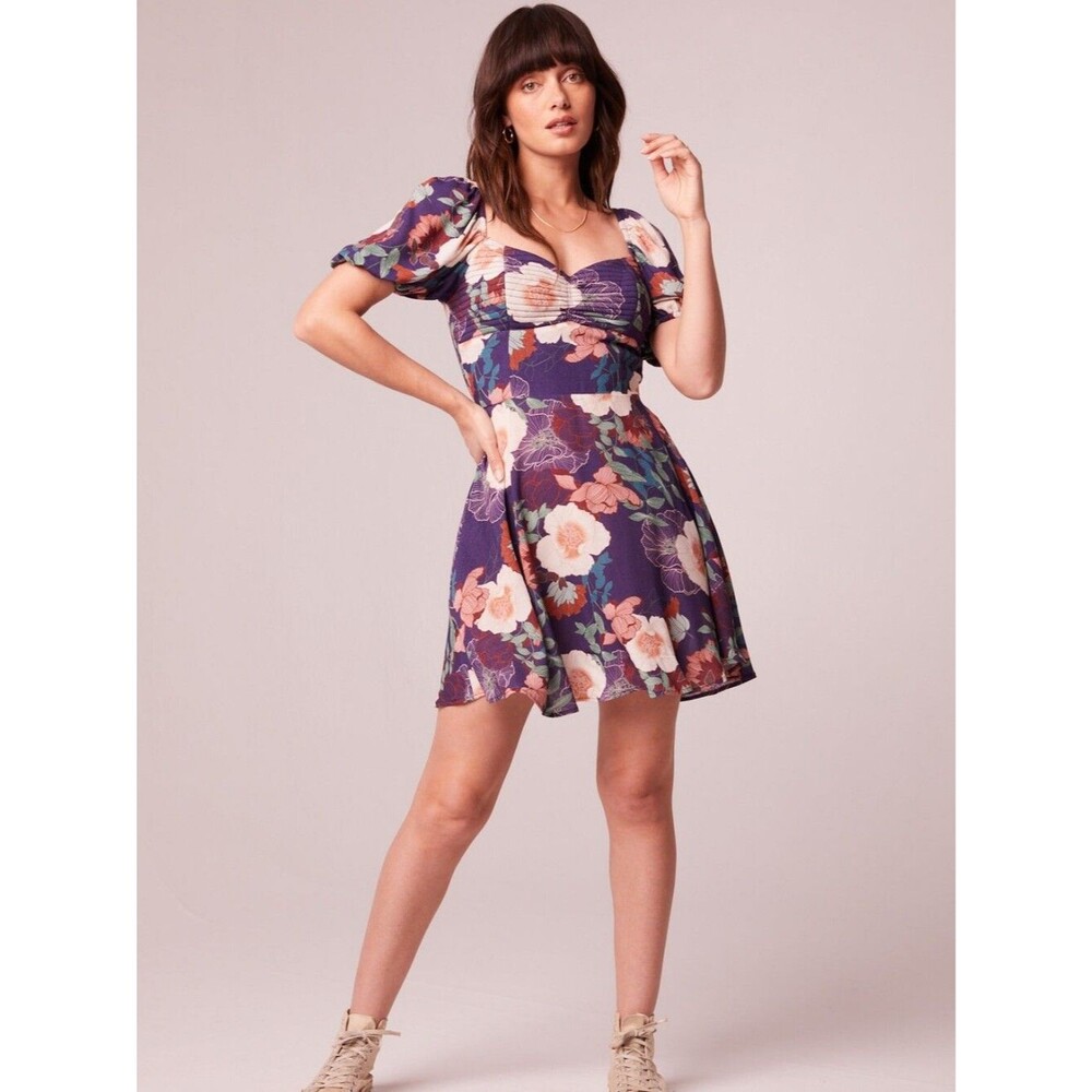 NEW Band of the Free Aimee Purple Floral Puff Sleeve Mini Dress Size Large Women